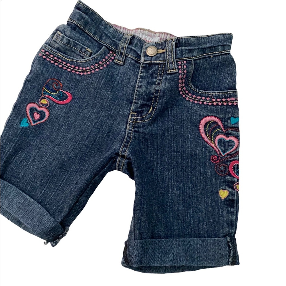 Xhilaration Blue Denim Shorts Pink Embroidered Hearts Toddler Girls Size 3